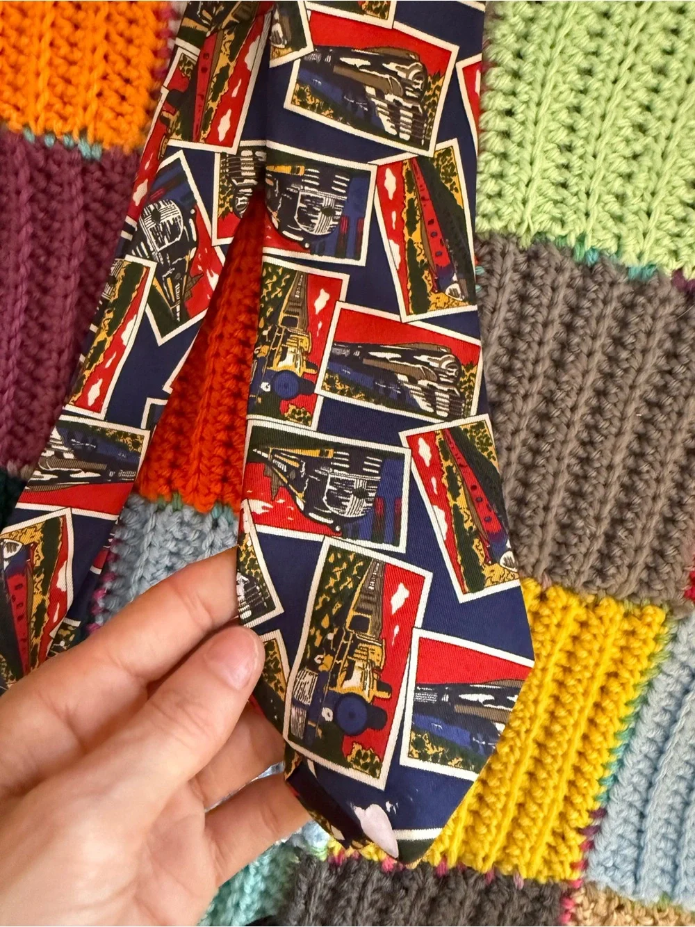 Vintage trains silk Navy Tie with Red, Yellow, Green and Cream Postcard Motif